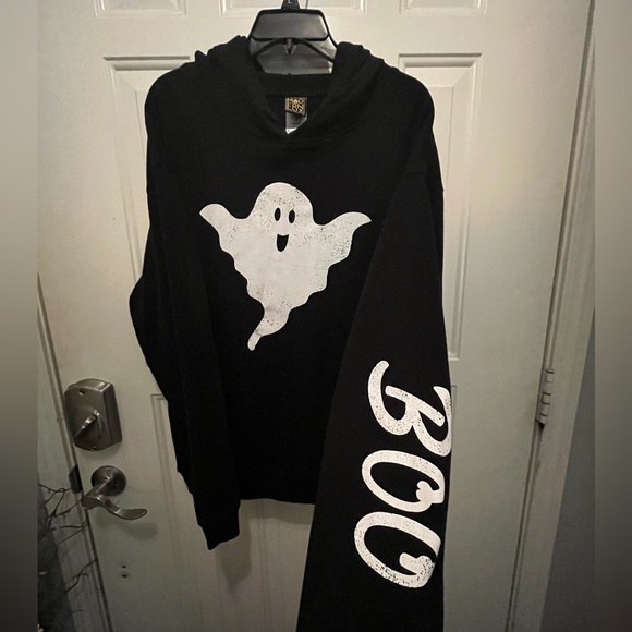 Modern Lux Black Hoodie with White Ghost Design and BOO printed on the sleeve. - Picture 1 of 5